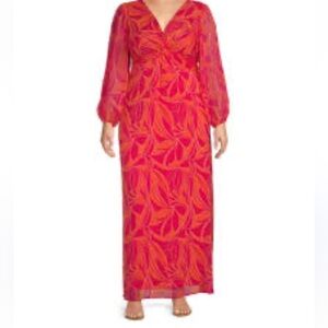 Maison Tara maxi dress Long Sleeve V-Neck Tropical Print Twist Tie Dress 22W